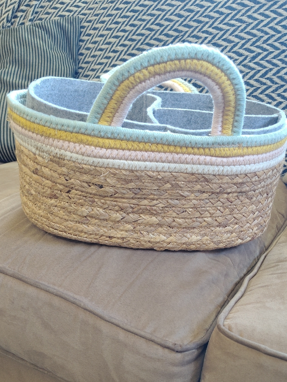 Woven Rope Basket Tote with Pastel Rainbow Trim